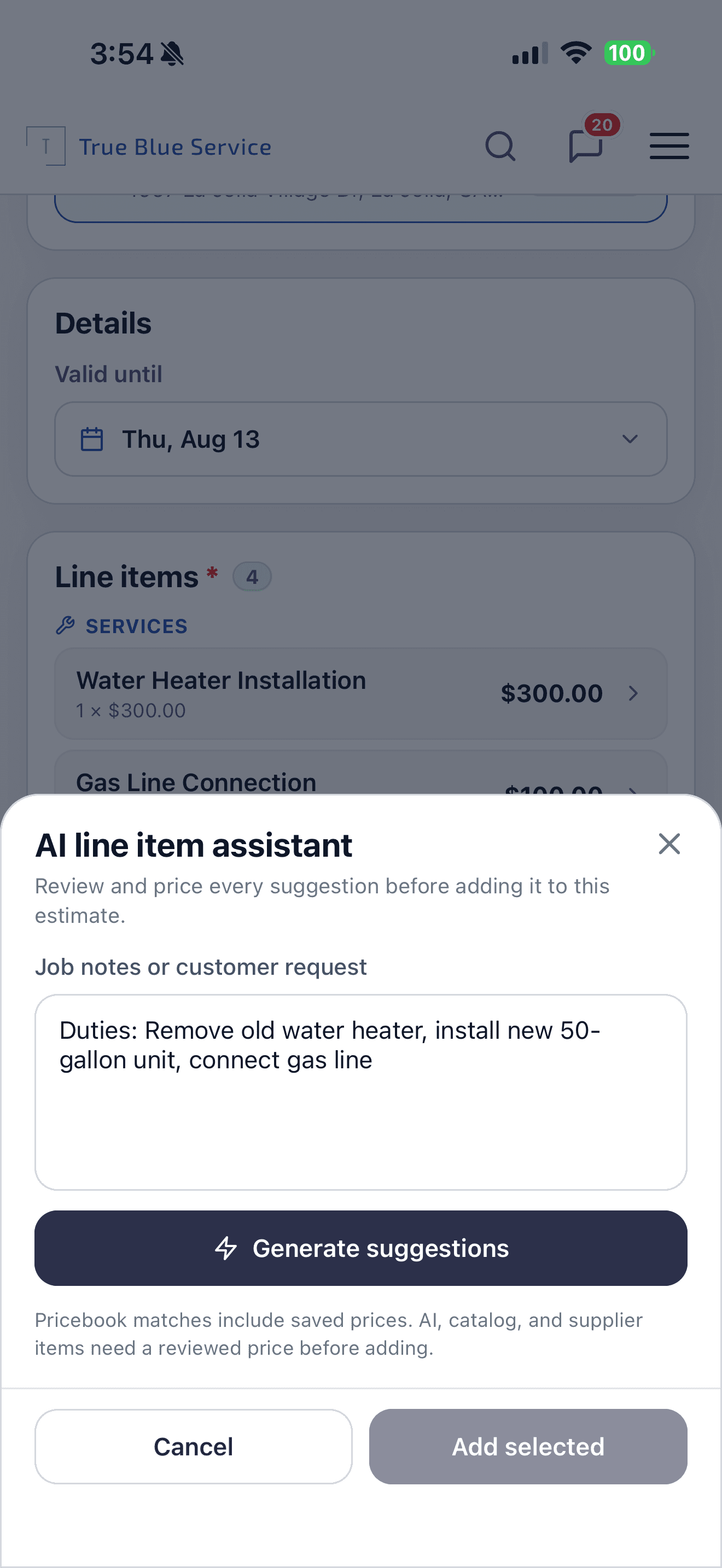 AI line item assistant prompt with job notes about a water heater replacement and a Generate suggestions action