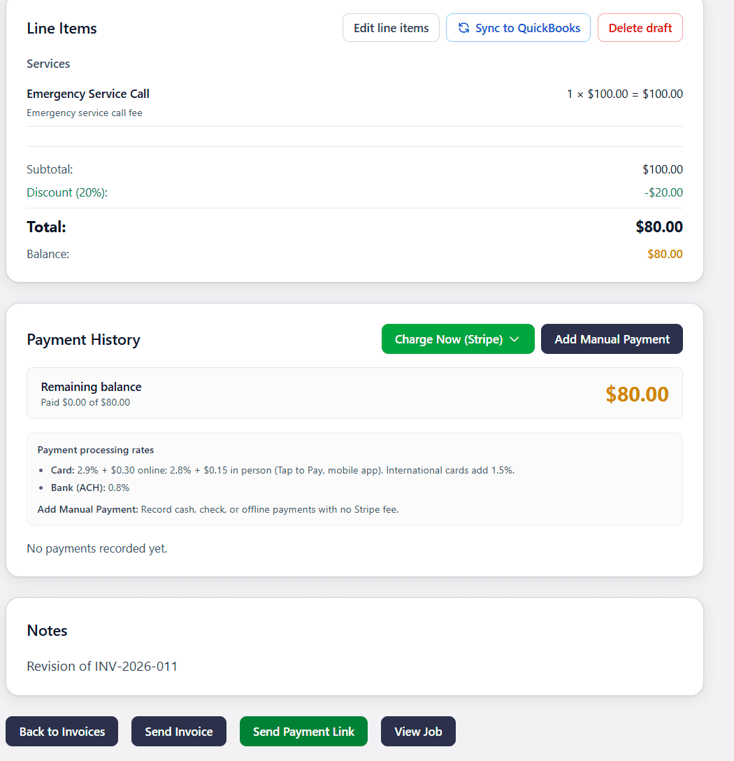 Factura de True Blue Service con cobrar ahora en Stripe y enviar enlace de pago.