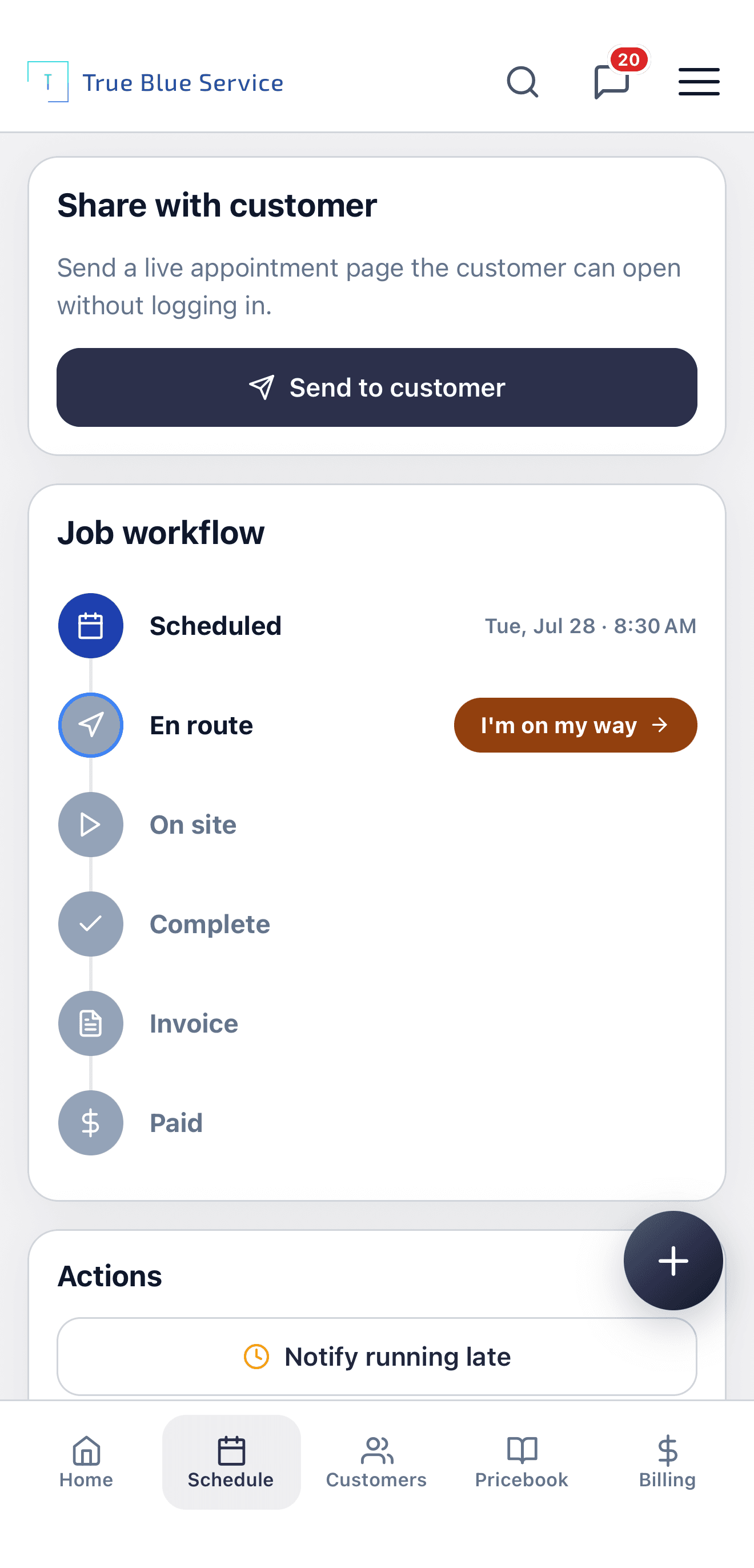 App móvil de True Blue Service con el flujo del trabajo y envío al cliente.