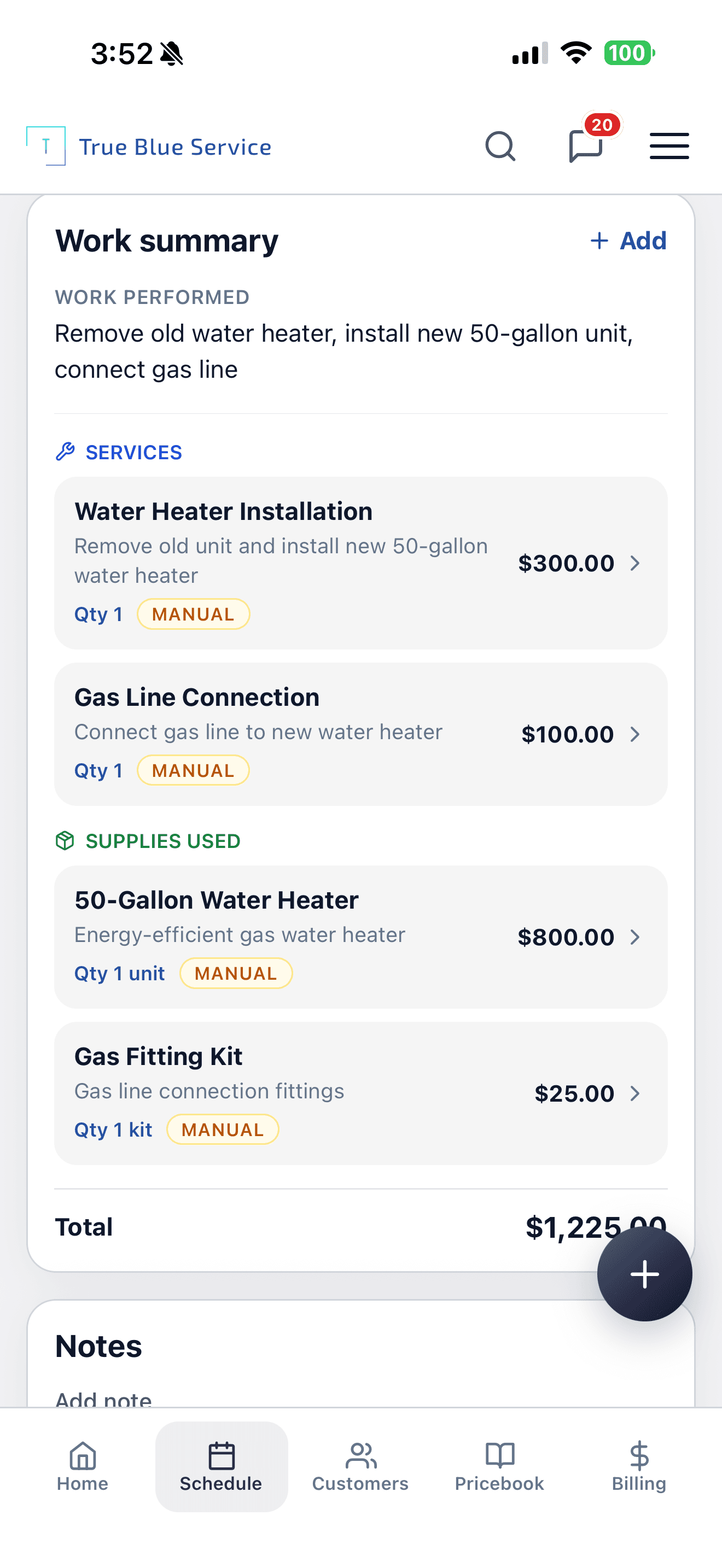 Native work summary with work performed, services, supplies, totals, and notes