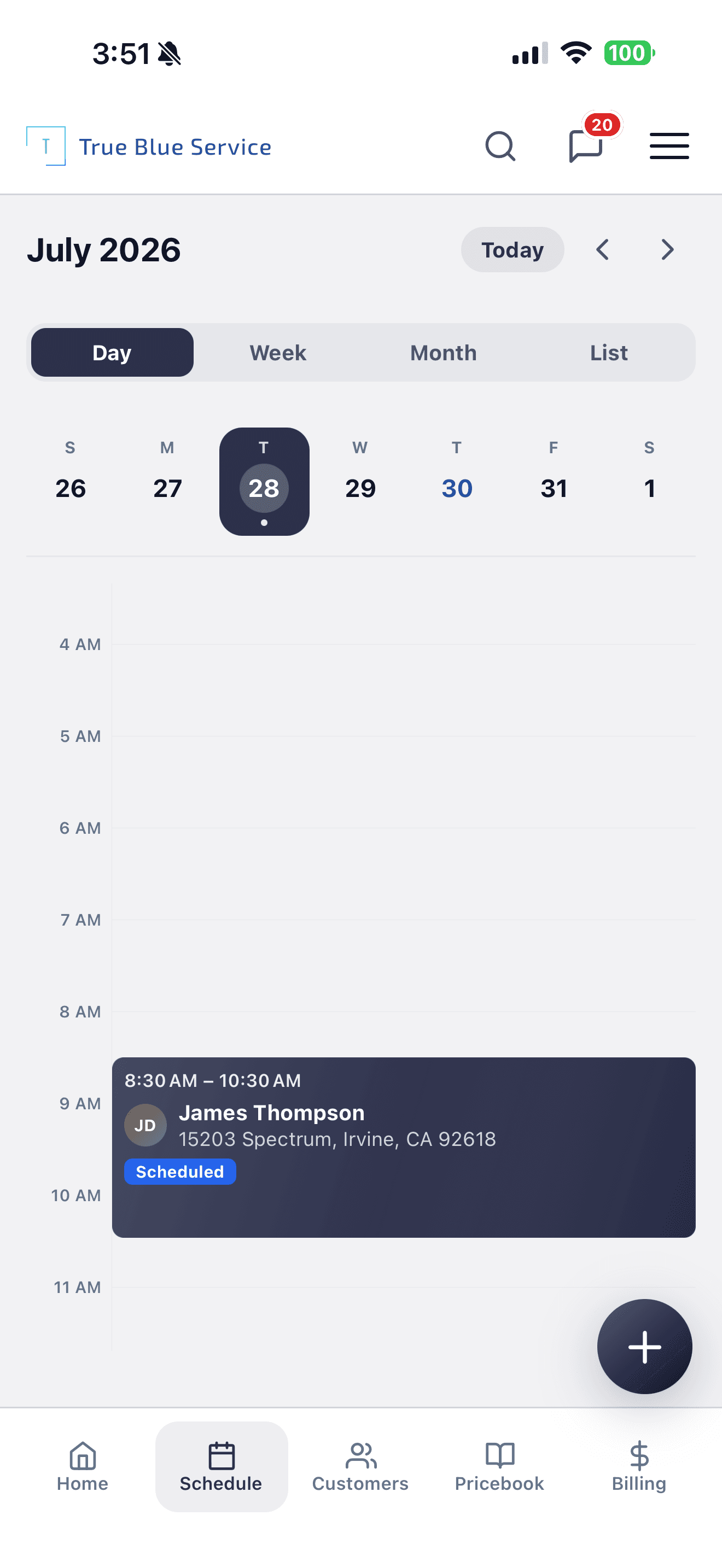 Native day schedule with a Tuesday visit for James Thompson, status Scheduled